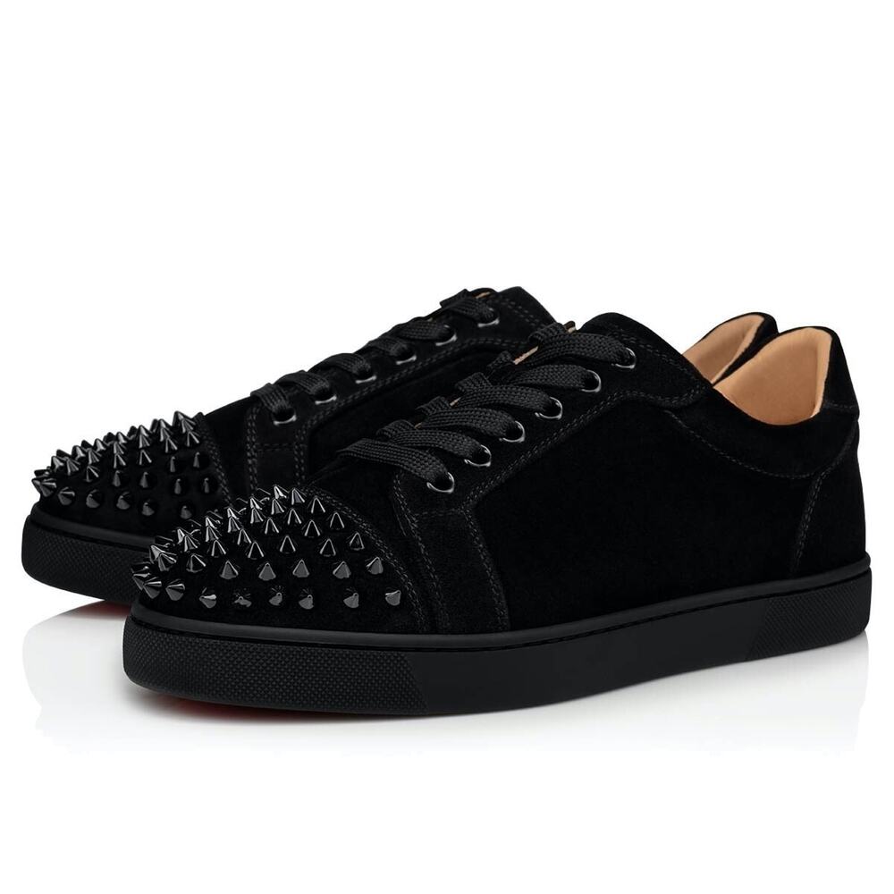 Christian Louboutin Vieira Spikes Flat Black Suede Lace Up Low Top Sneaker 40.5